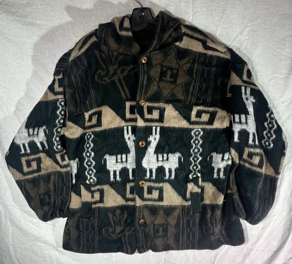 Artesanias Ramos Wool Alpaca Llama Pattern Sweater Hooded Button Up Jacket  NICE